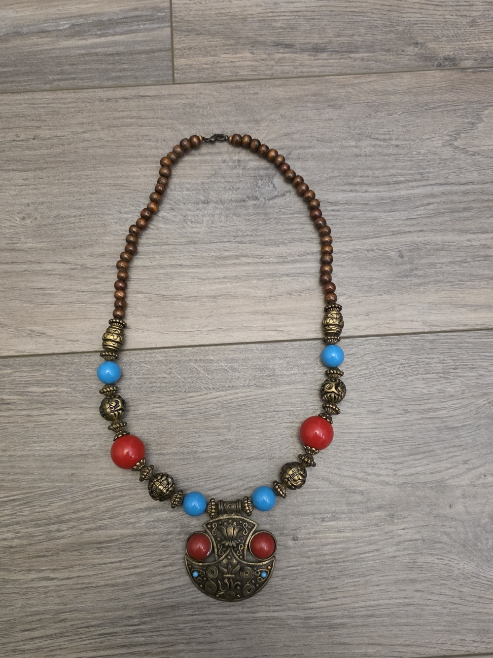 Bohemian Red & Turquoise Beaded Pendant Necklace